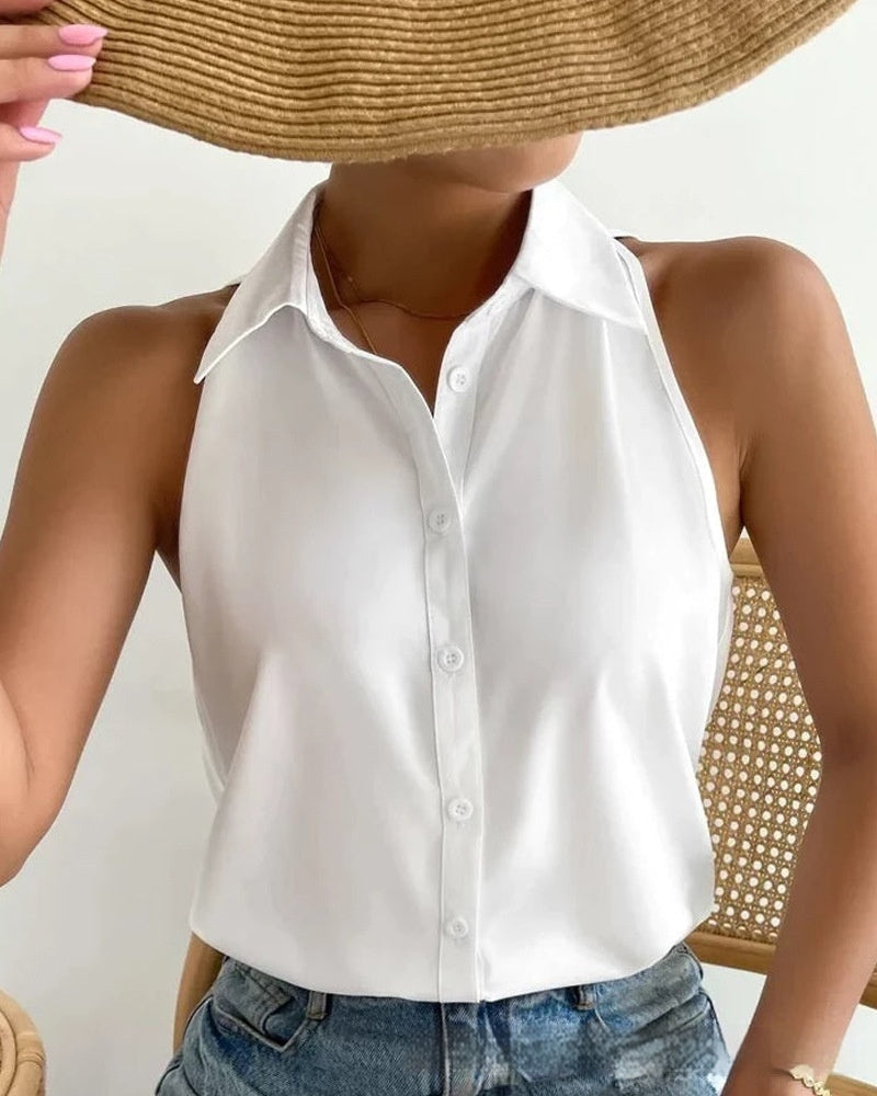 Fold Collar Sleeveless with Collar Women's Blouse
