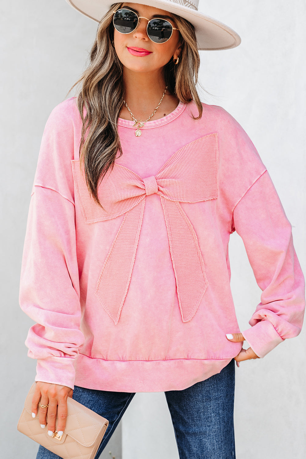 Light French Beige Mineral Wash Big Bow Patchwork Pullover Women's Sweatshirt