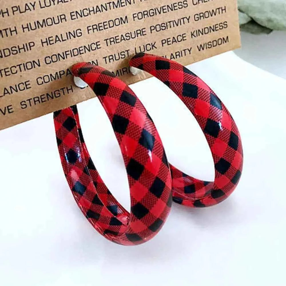 Plaid PU Leather Hoop Holiday Earrings