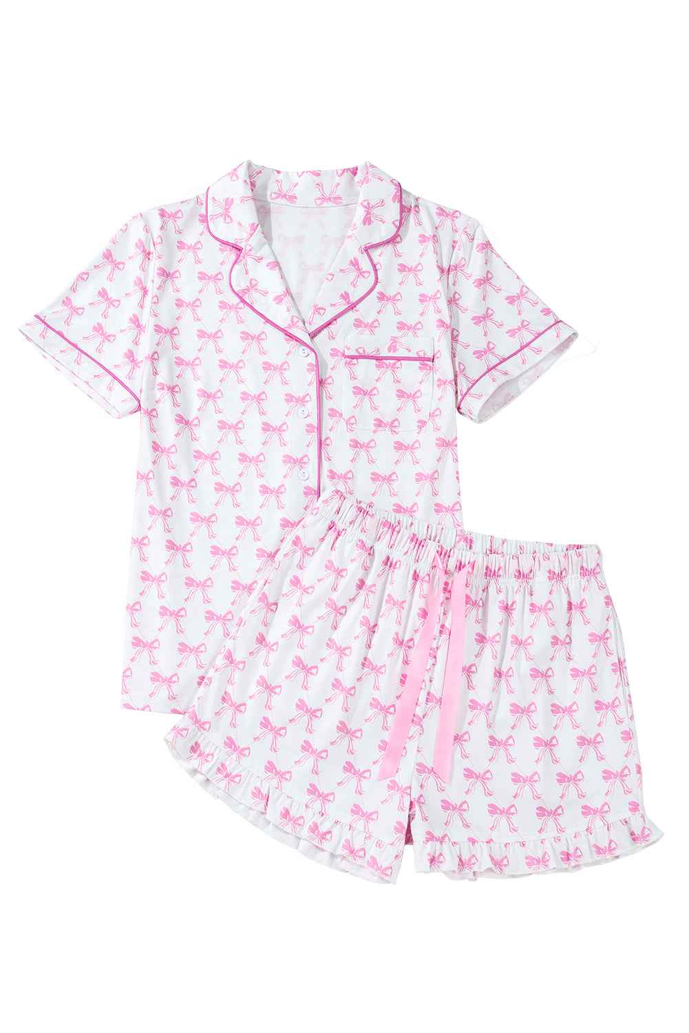 Pink Bowknot Print Shirt and Ruffle Hem Pajamas