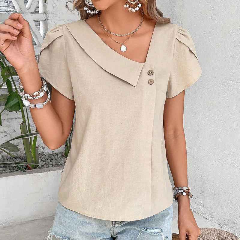Women's  Casual Petal Sleeve Asymmetrical V Neck Work Shirts Blouse Tops