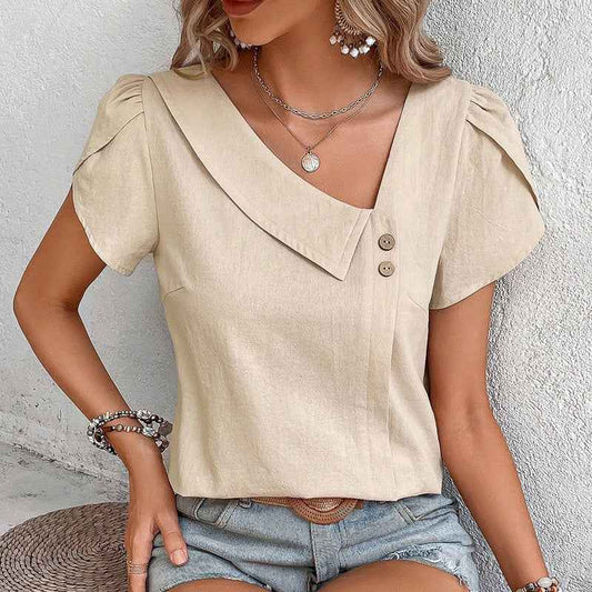 Women's  Casual Petal Sleeve Asymmetrical V Neck Work Shirts Blouse Tops