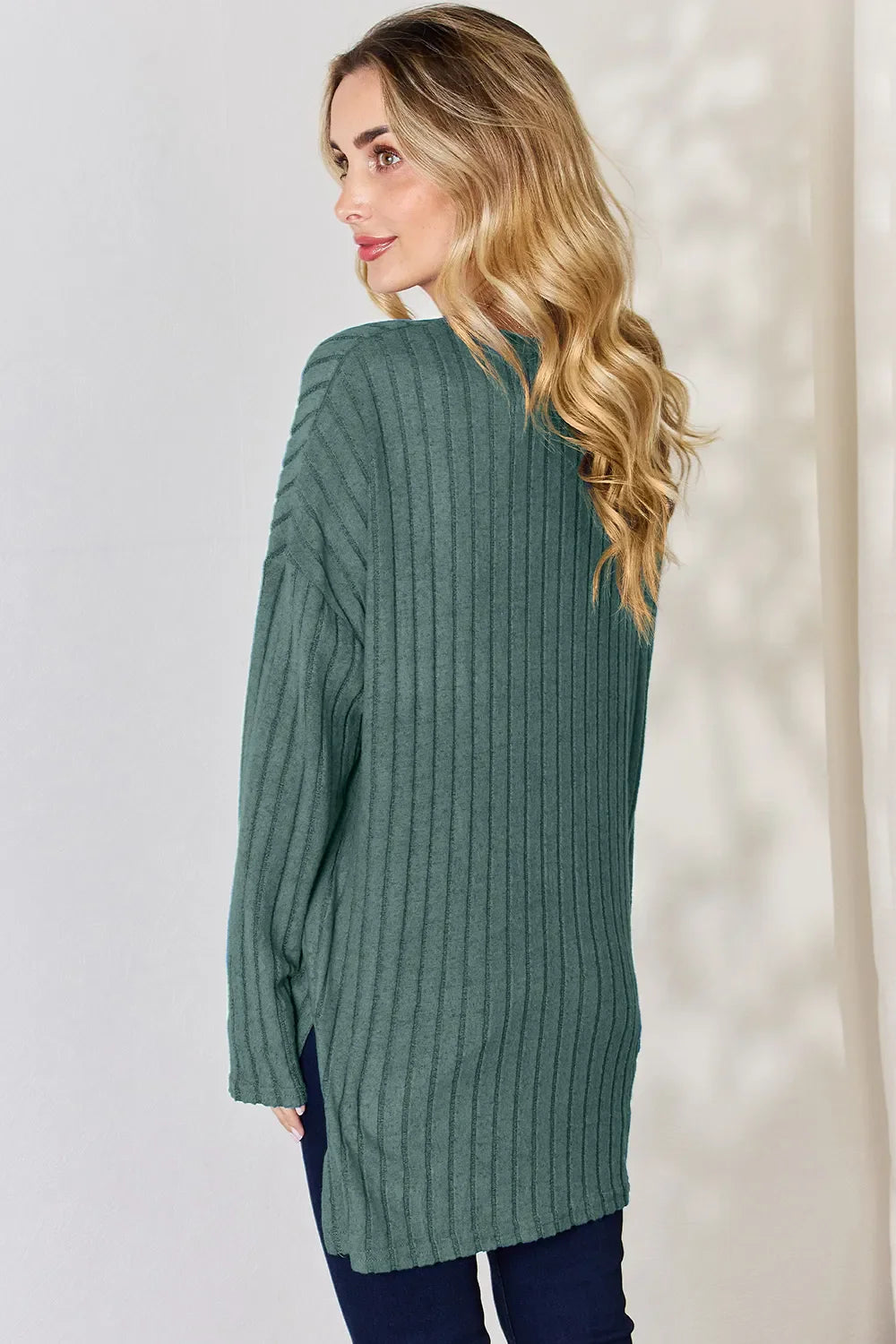 Basic Bae Full Size Ribbed Half Button Long Sleeve High-Low Women's T-Shirt - The Eggy's store