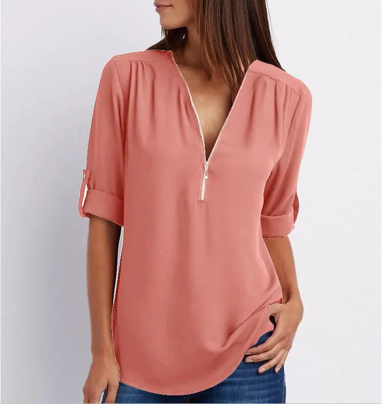 Plus Size V-Neck Long Sleeve Zip Chiffon Blouse