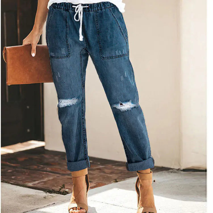 Women's Straight Ripped Jeans with Drawstring & Pockets
