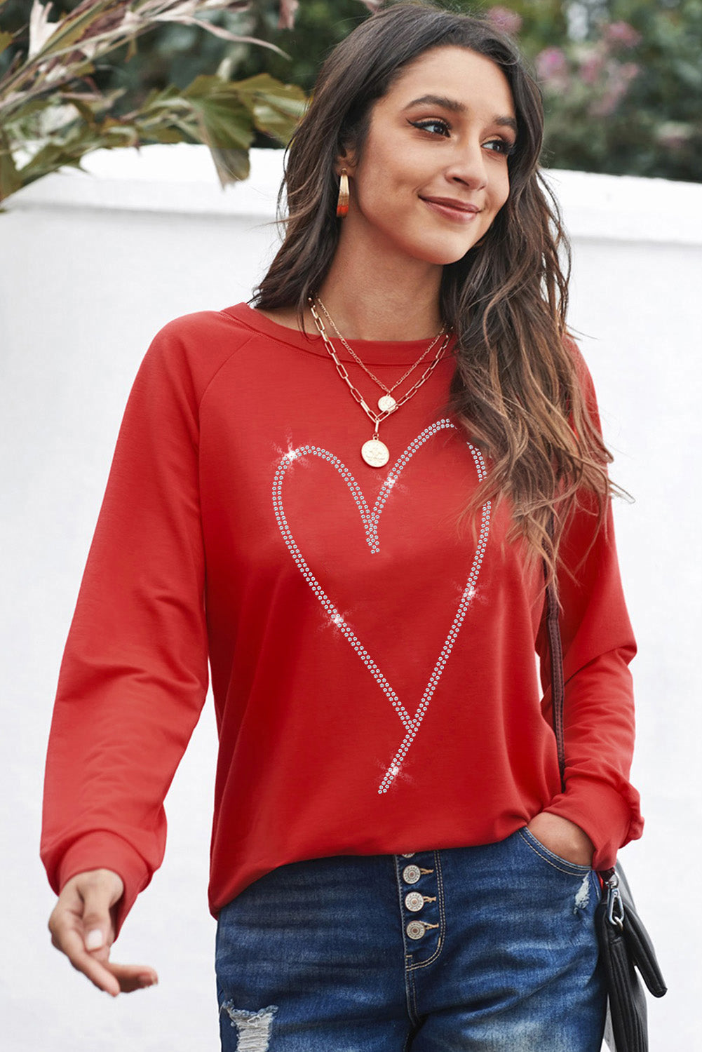 Fiery Red Rhinestone Heart Shaped Long Sleeve Women's Sweatshirt