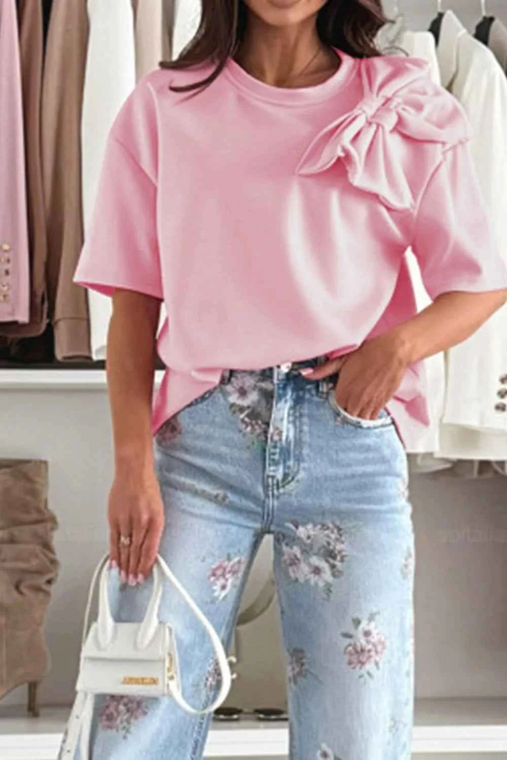 Bow Round Neck Short Sleeve T-Shirt