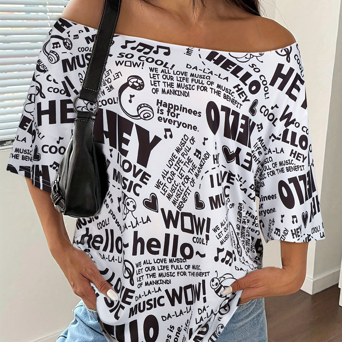 Plus Size Off Shoulder HELLO MUSIC T-Shirt