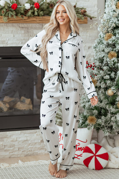 Bow Long Sleeve Top and Pants Pajama Set