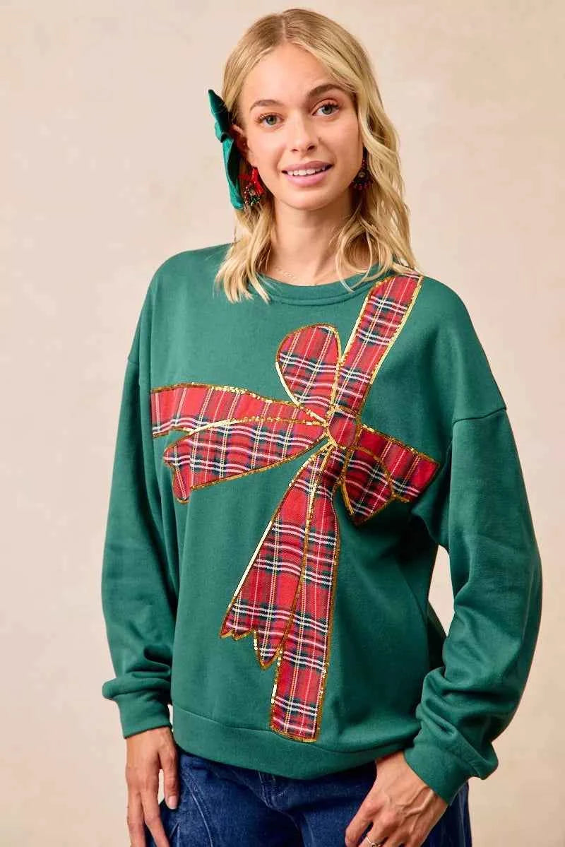 BiBi Plaid Ribbon Bow Detail Christmas Fleece Women's Sweatshirt