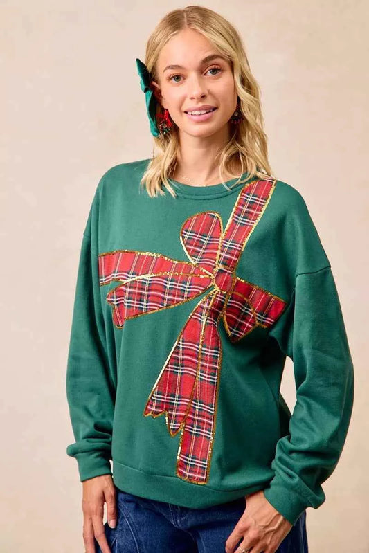 BiBi Plaid Ribbon Bow Detail Christmas Fleece Women's Sweatshirt