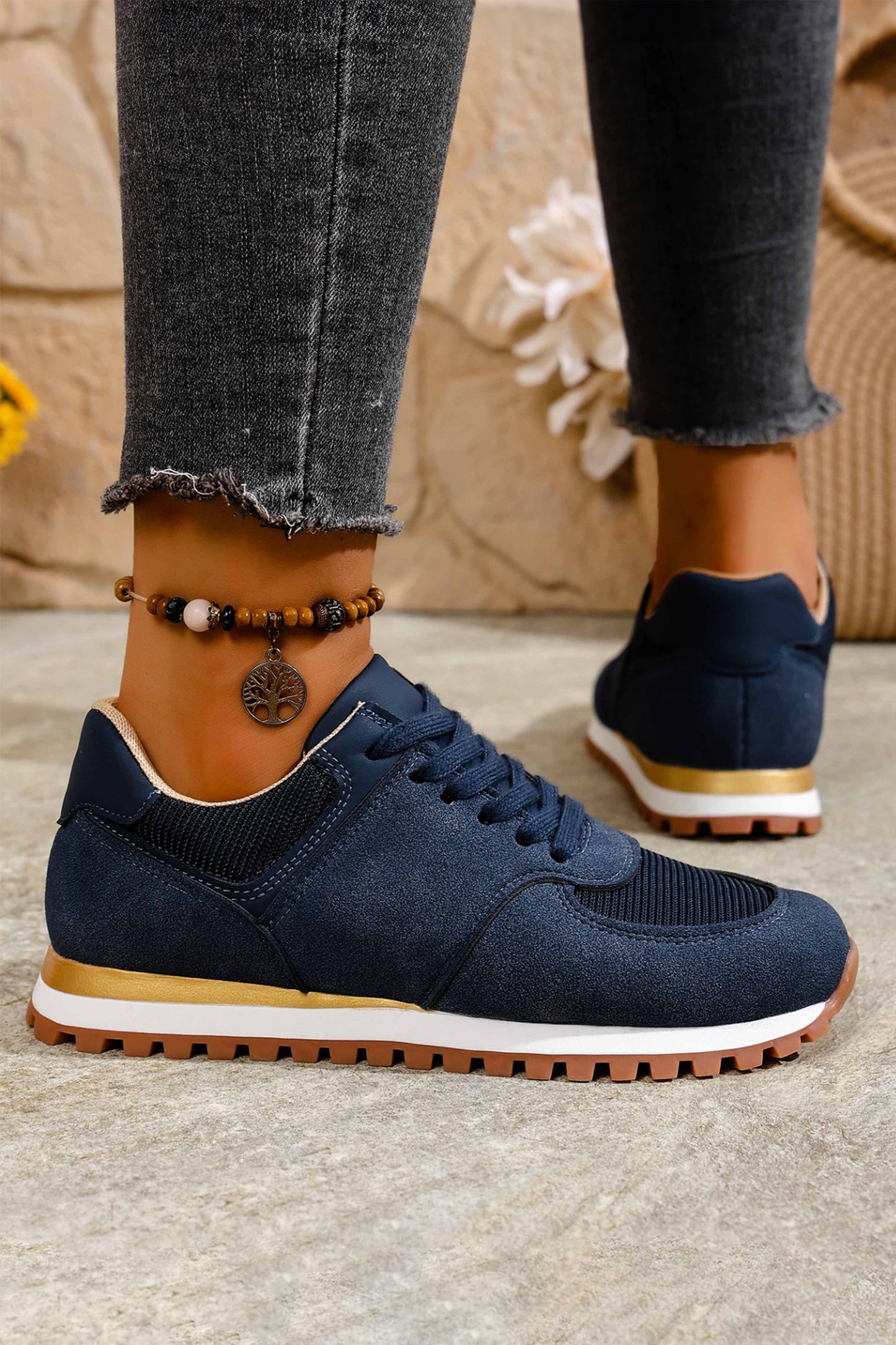 Navy Blue Faux Suede Mixed Patchwork Retro Jogger Sneakers