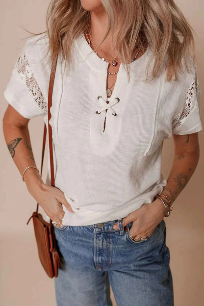 Ribbed Texture Lace Patchwork Short Sleeve Top