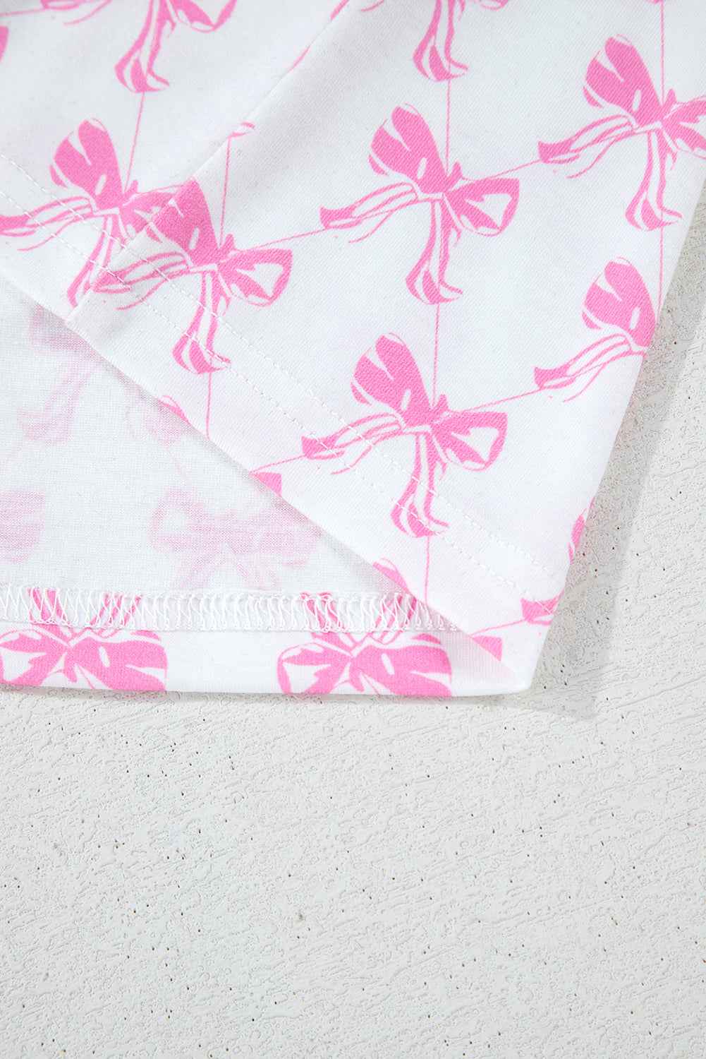 Pink Bowknot Print Shirt and Ruffle Hem Pajamas