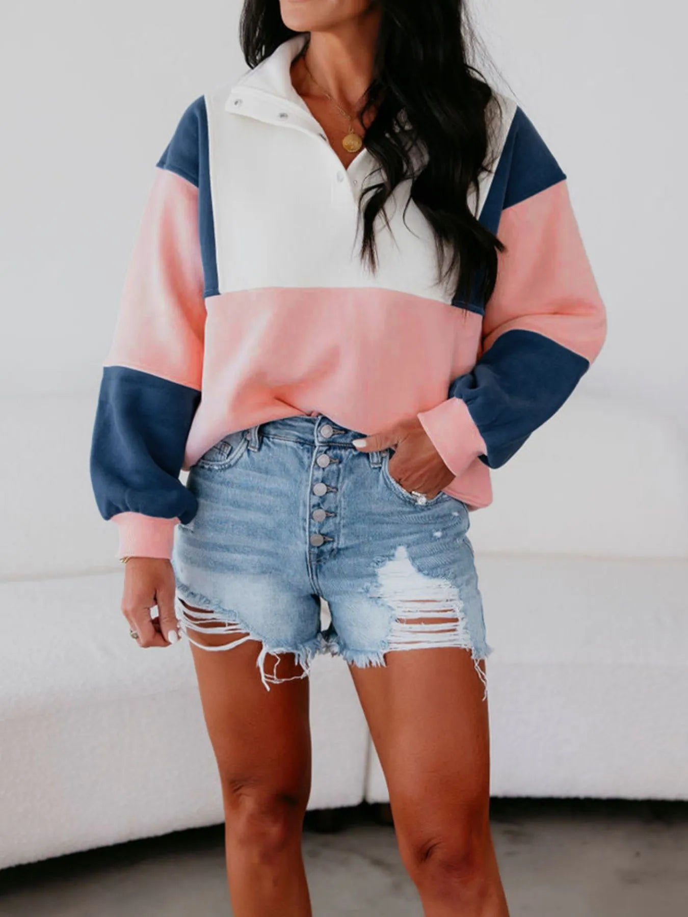 Colorblock Patchwork Half Button Women's  Sweatshirt