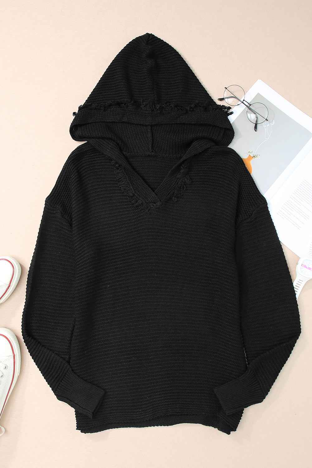 Solid Ribbed Drop Shoulder Hooded V-Neck Sweater