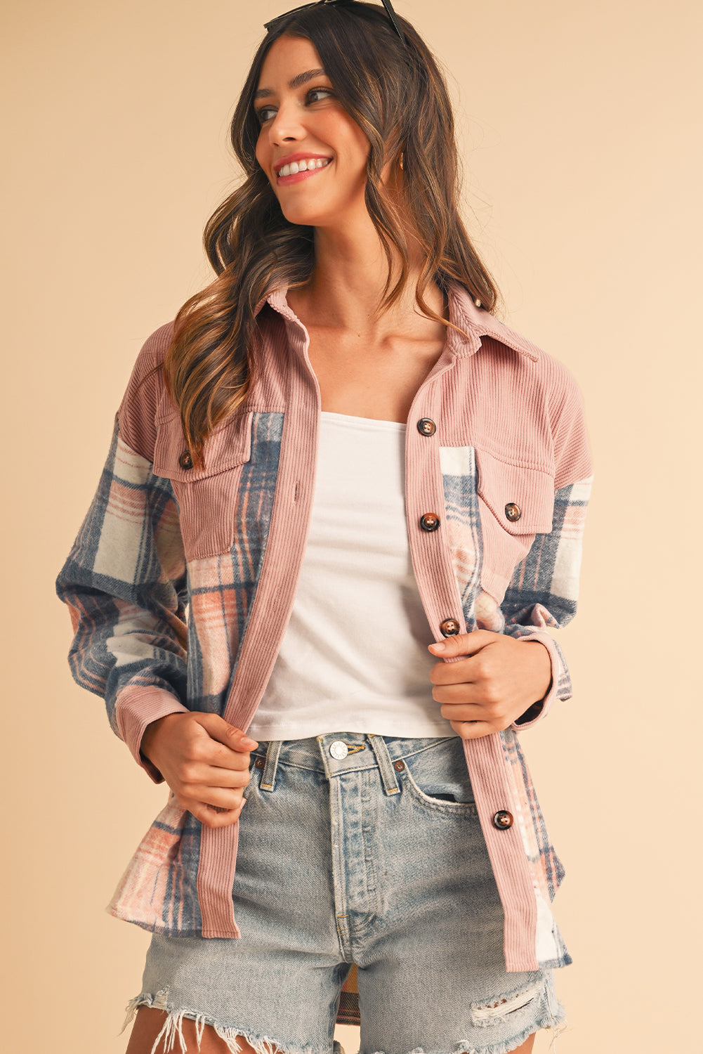Cinnamon Plaid Corduroy Patchwork Pocket Loose Shacket - The Eggy's store