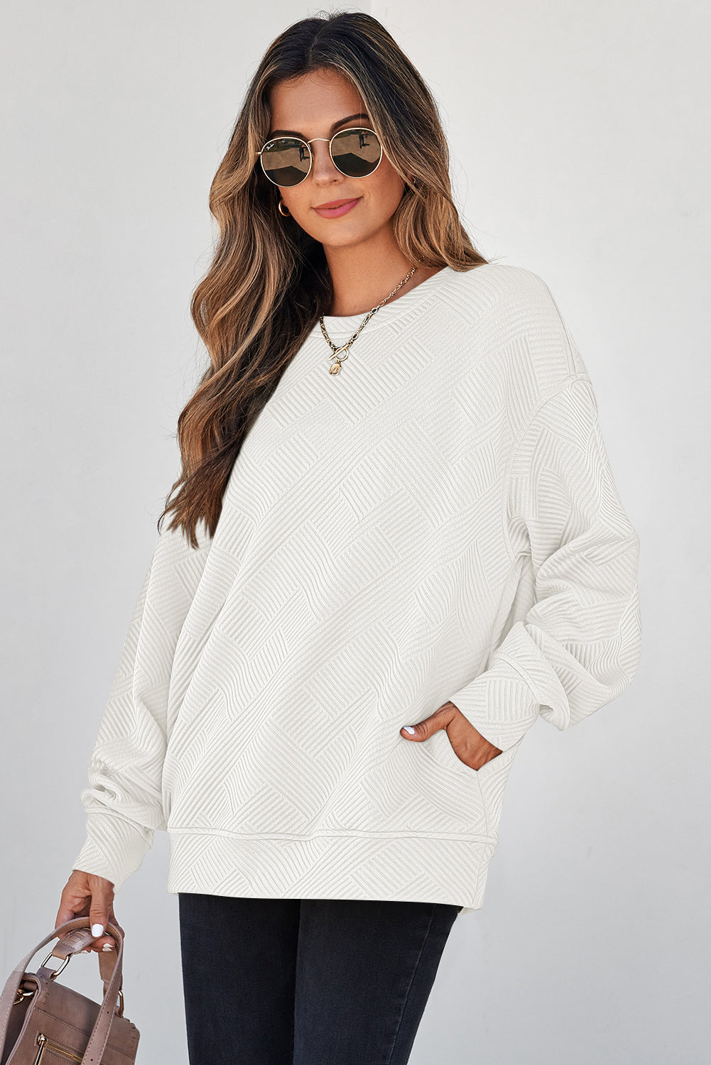 Solid Color Textured Round Neck Drop Shoulder Pullover Sweatshirt