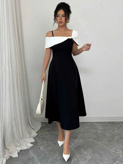 Asymmetrical Neck Contrast Midi Dress