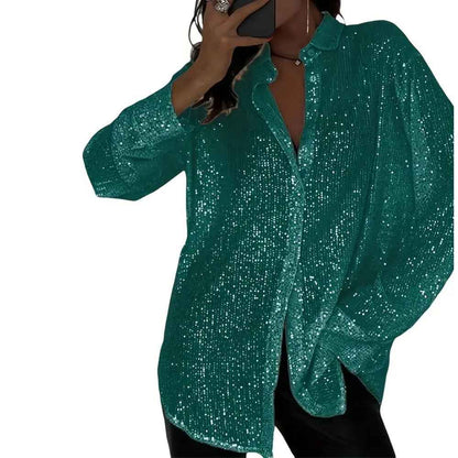 Elegant Women's Sequin Shirt - Stylish Long Sleeve Button-Up Blouse With Glitter Details, Perfect For Party & Casual To Formal Wear