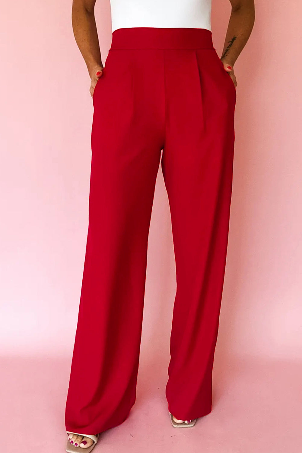 Pleated Pull-On High Waist Straight Leg Pants