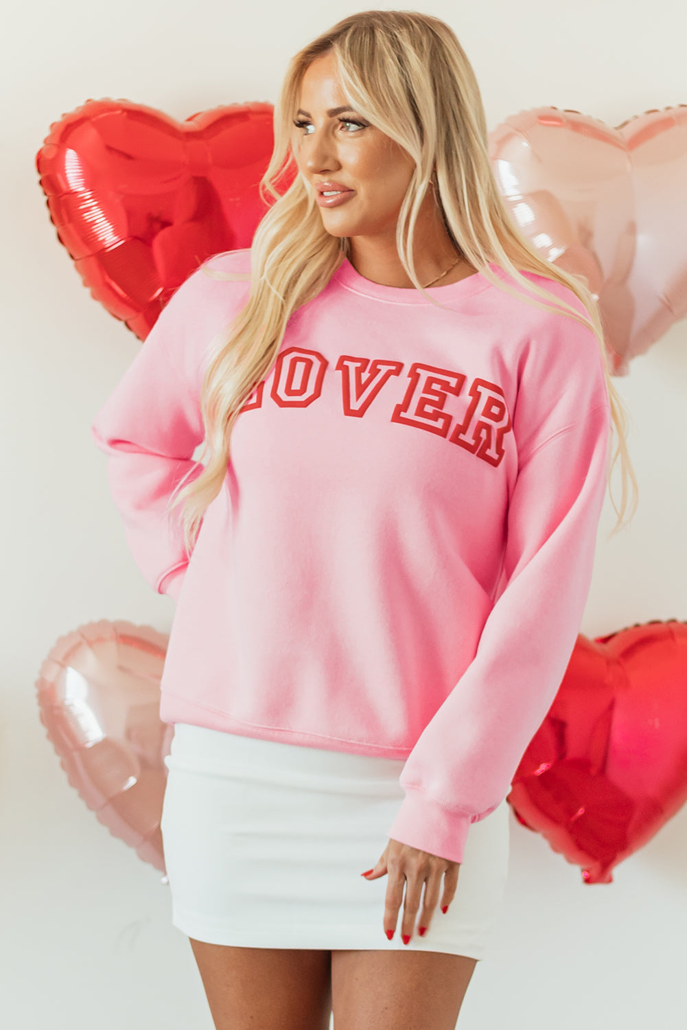 Pink LOVER Puff Print Drop Shoulder Pullover Women's Sweatshirt