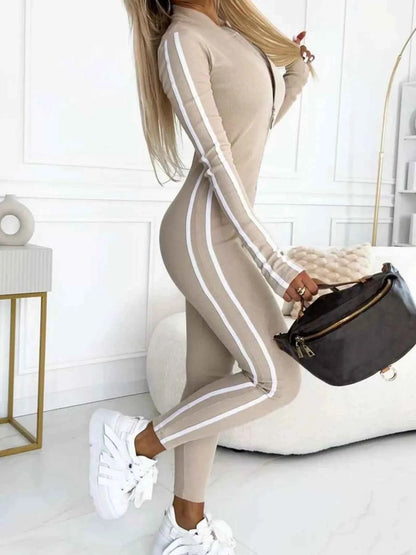 Full Size Stripe Zip-Front Long Sleeve Jumpsuit Plus Size