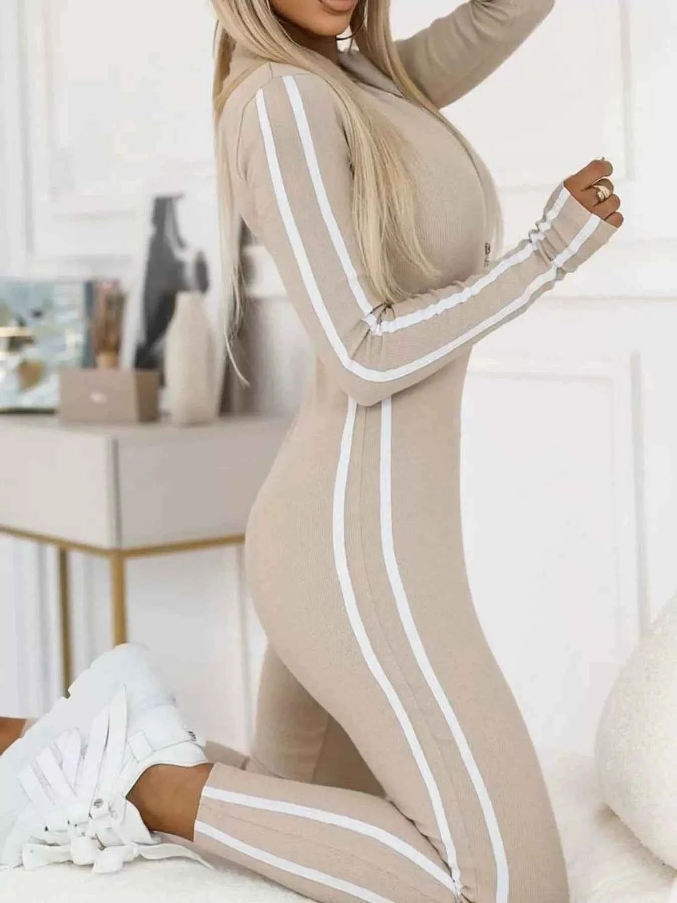 Full Size Stripe Zip-Front Long Sleeve Jumpsuit Plus Size