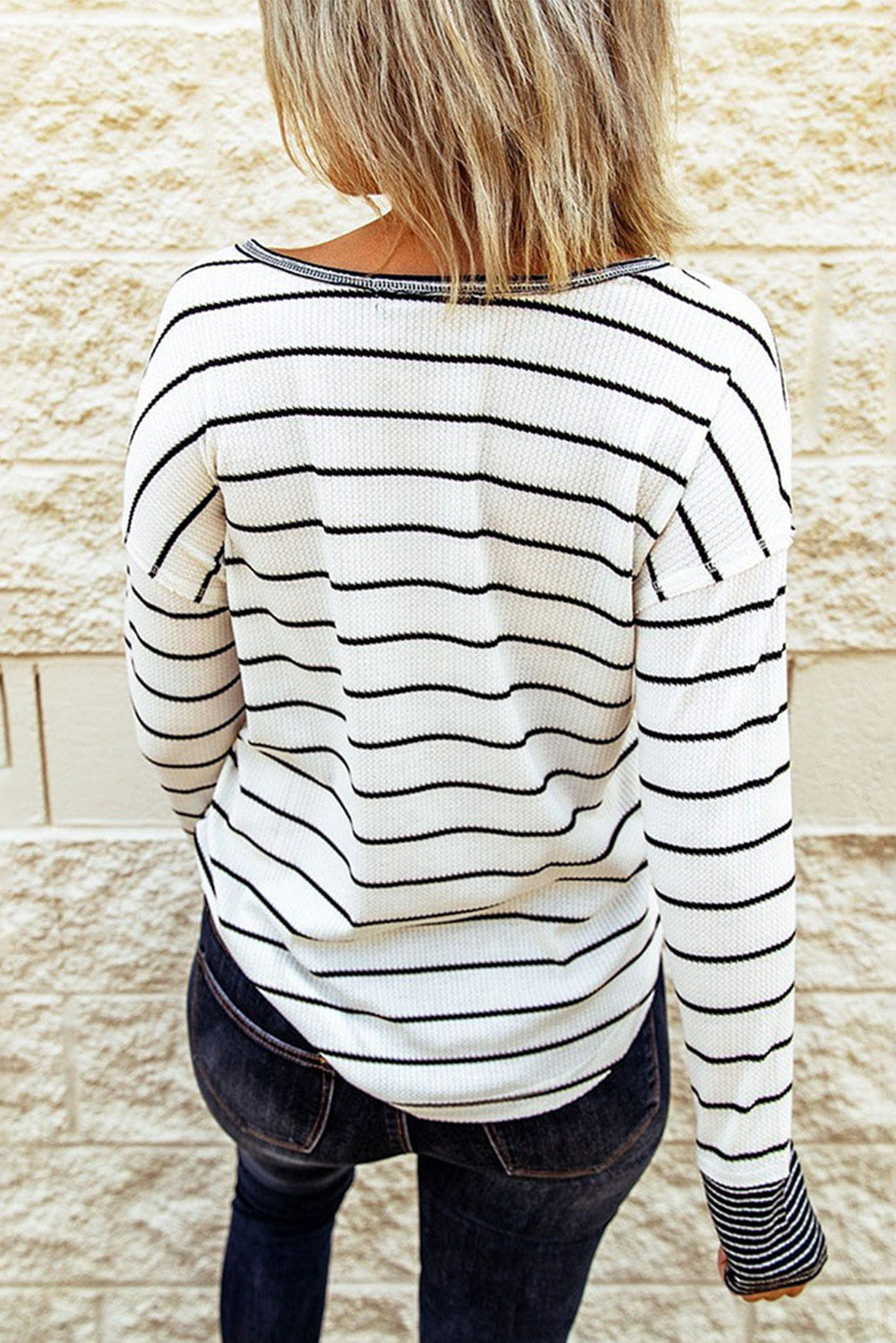 Stripe Waffle Knit Buttoned Henley Top