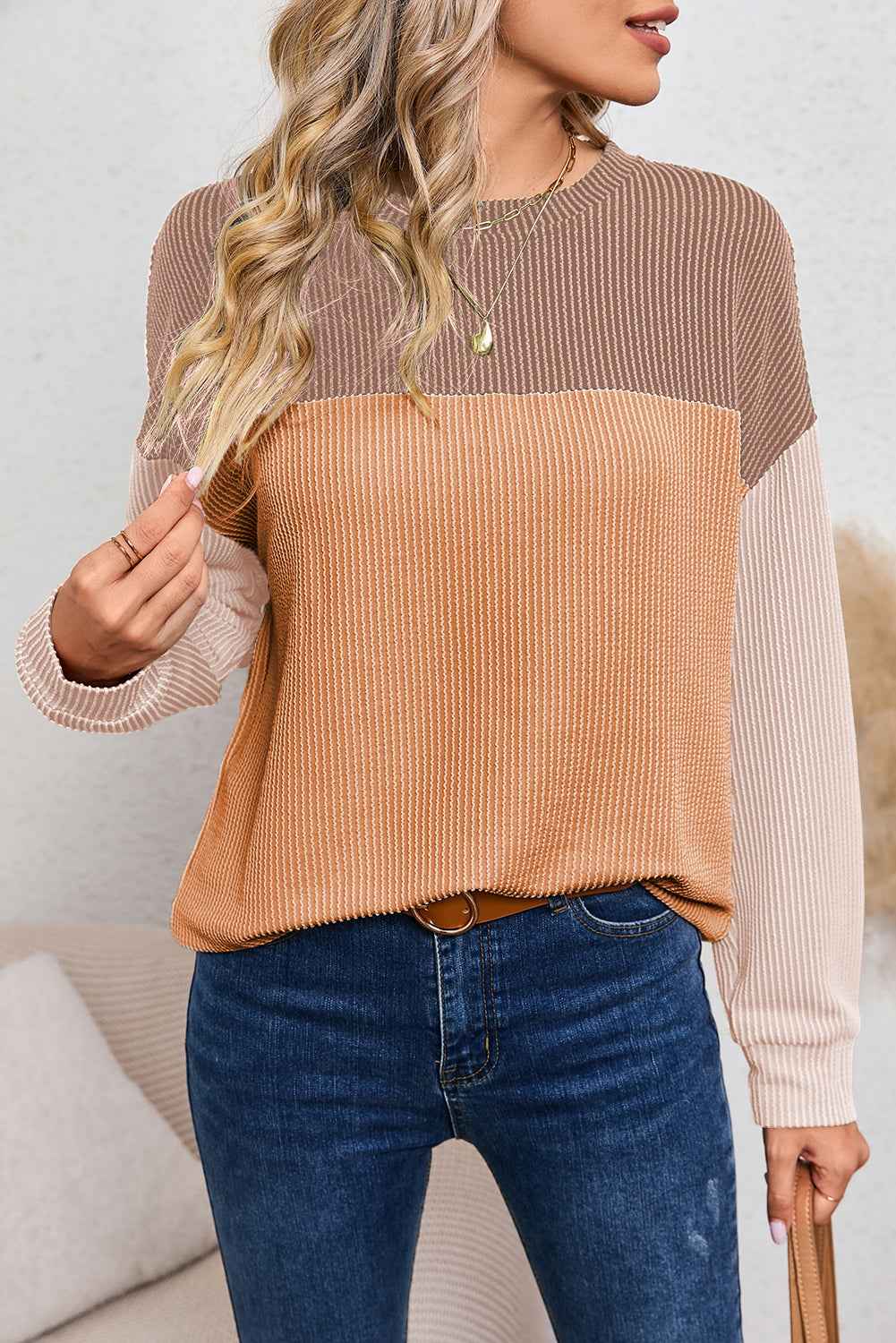 Khaki Color Block Ribbed Loose Long Sleeve Women's Top
