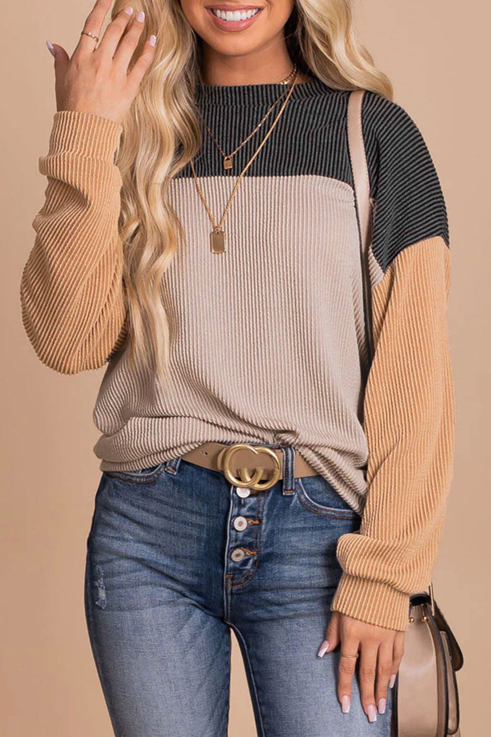 Khaki Color Block Long Sleeve Ribbed Loose Women's Top
