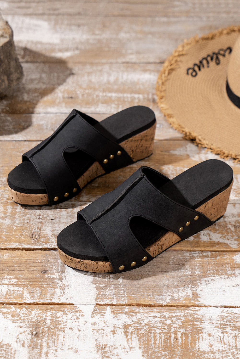 Black Cut Out Rivet Slip-on Wedge Sandals