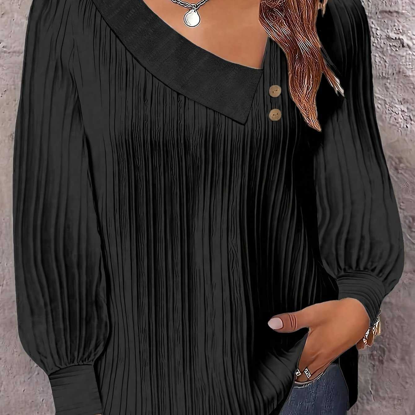 Plus Size Chic V-Neck Blouse with Decorative Button