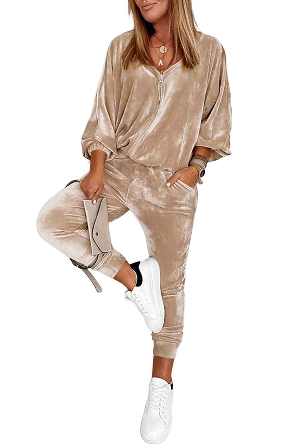 Parchment Velvet Lantern Sleeve Zipped Top & Joggers Pants Set