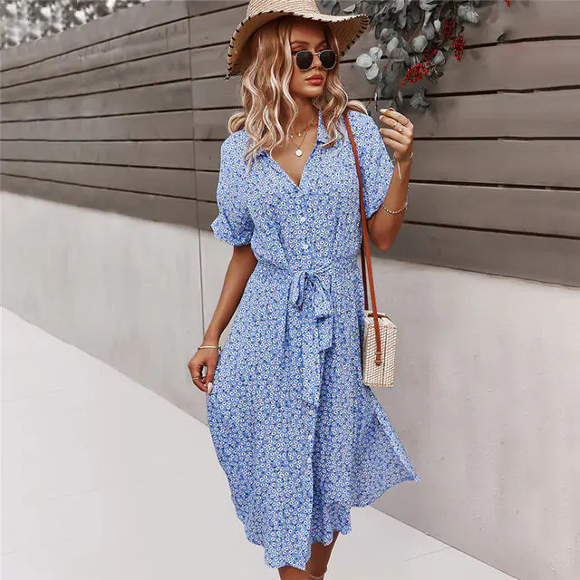 Women's Floral Summer Midi Dress with V Neck
