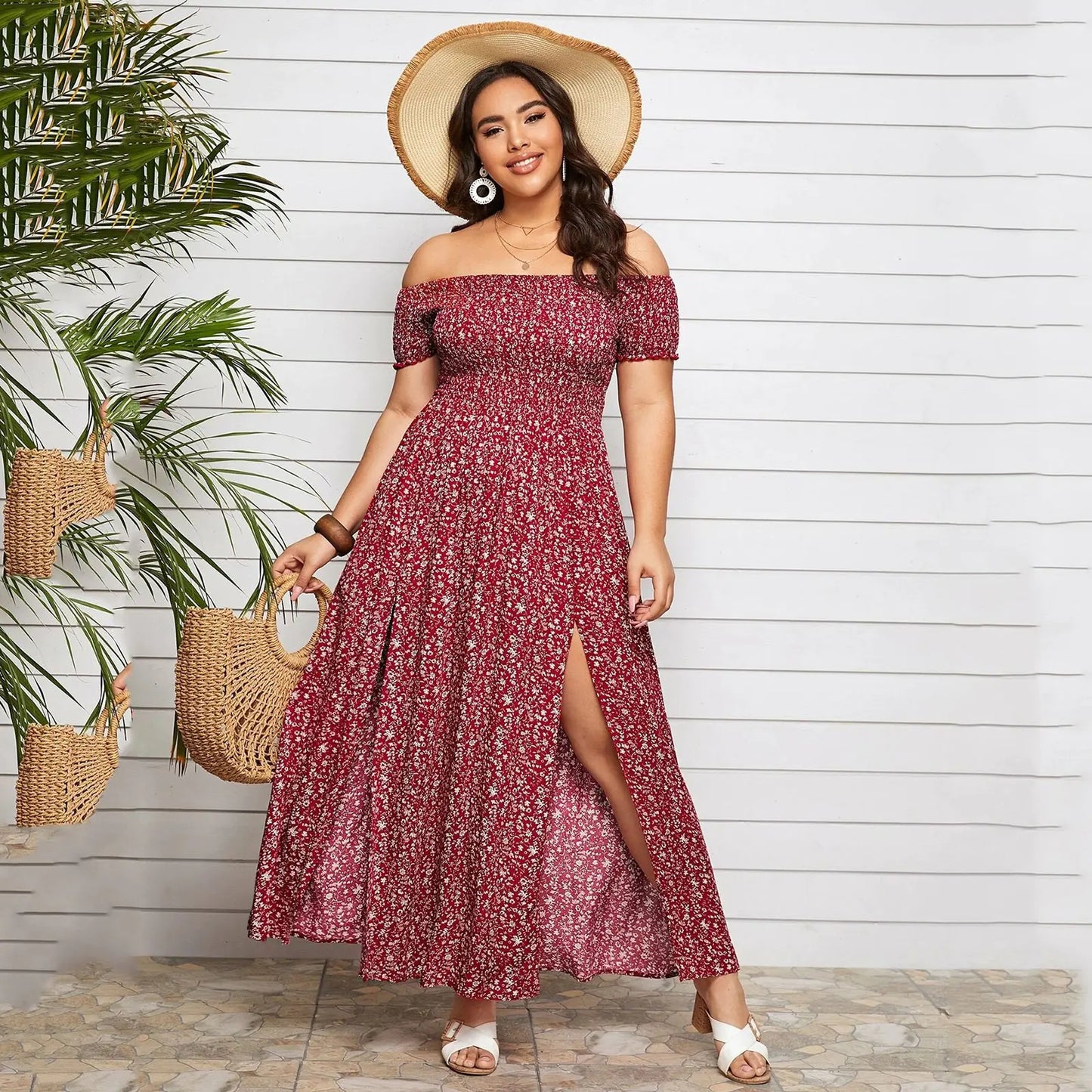Plus Size Floral Print Off-Shoulder Dress