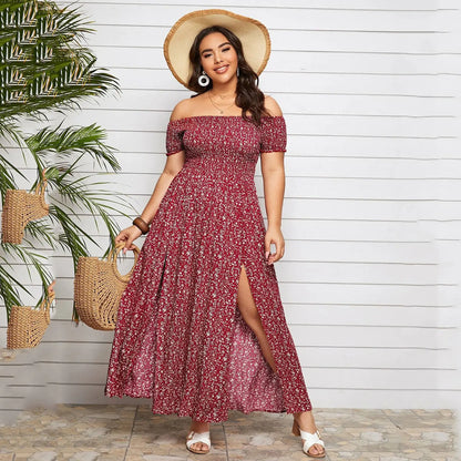 Plus Size Floral Print Off-Shoulder Dress