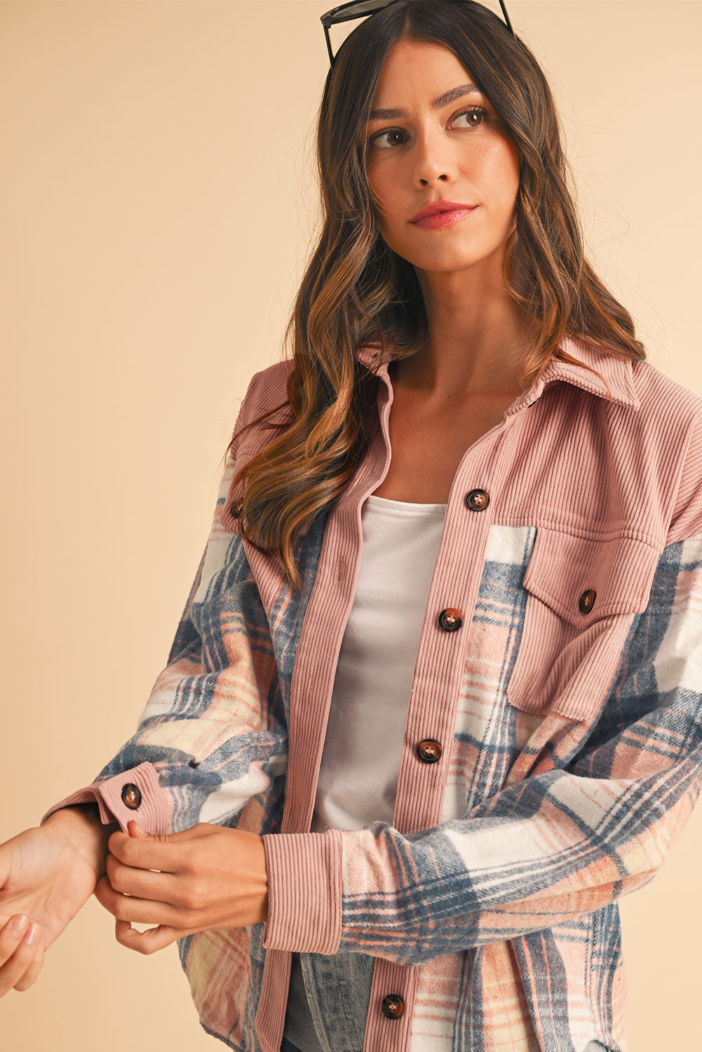Cinnamon Plaid Corduroy Patchwork Pocket Loose Shacket - The Eggy's store