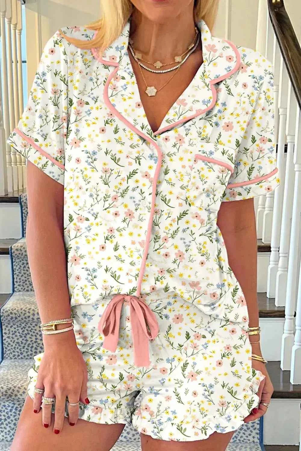 Cherry Bow Print Button Up Womens Loungewear Set