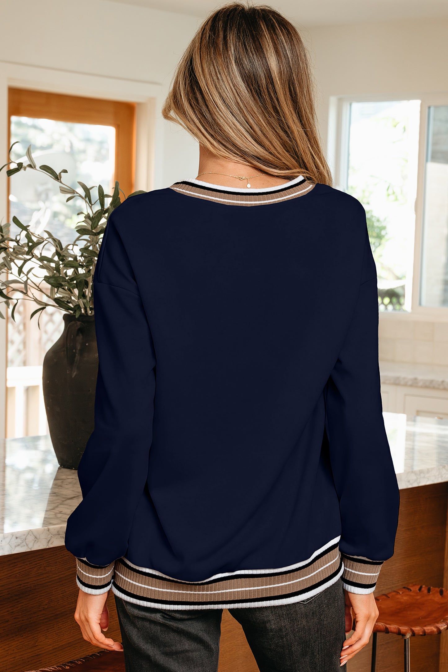 Navy Blue Varsity Contrast Striped Trim V Neck Women's Sweatshirt