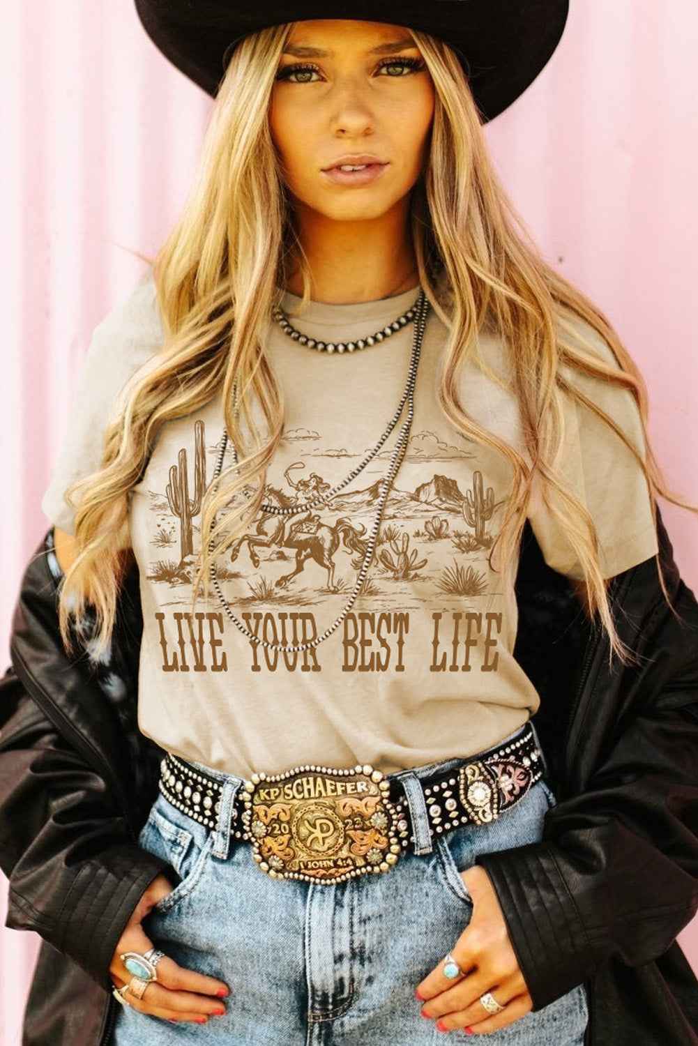 Beige LIVE YOUR BEST LIFE Crew Neck Graphic Tee