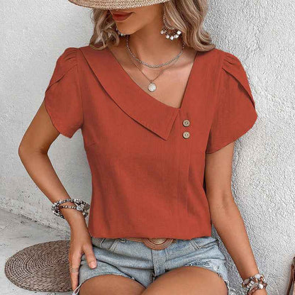 Women's  Casual Petal Sleeve Asymmetrical V Neck Work Shirts Blouse Tops