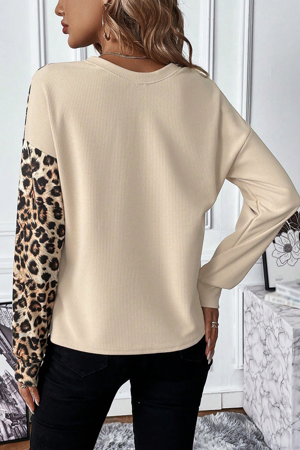 Pale Khaki Leopard Colorblock Waffle Knit Women's Top