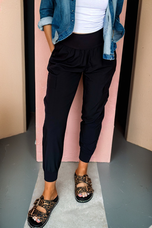 Solid Elastic High Waist Pocketed Cargo Jogger Pants