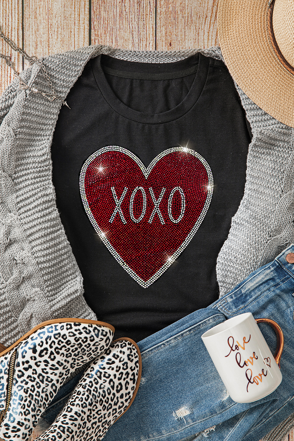 Black Rhinestone XOXO Heart Graphic Crewneck Women's T-Shirt