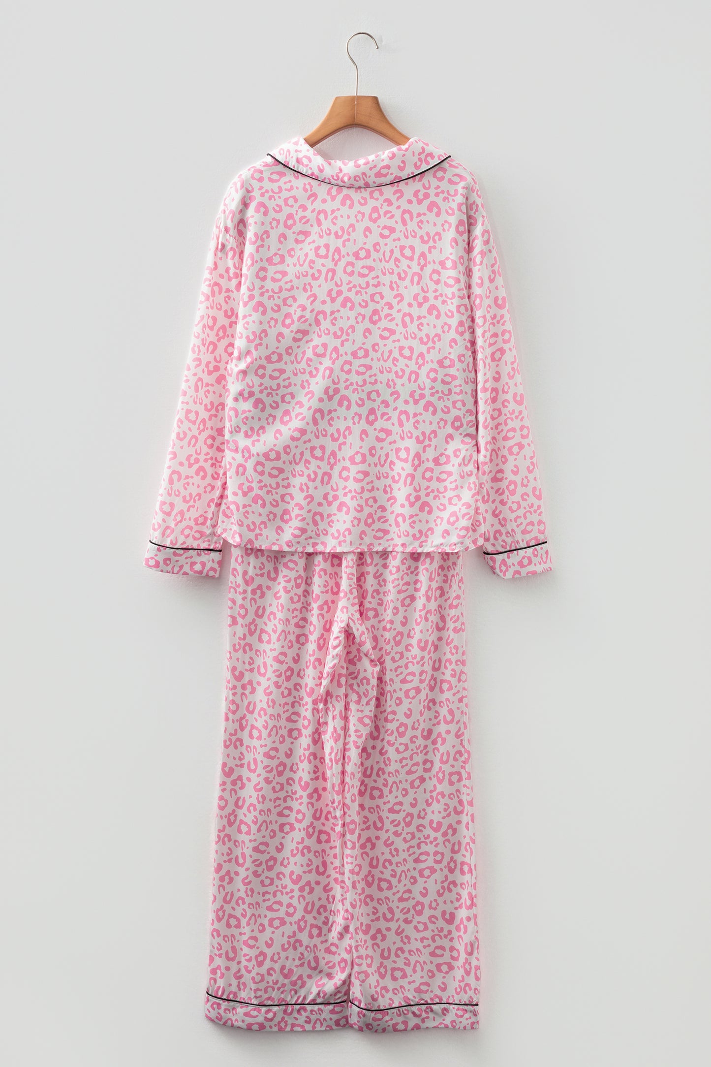 Pink Leopard Print Long Pajama Set – Lapel Button Front Top & Elastic Pants