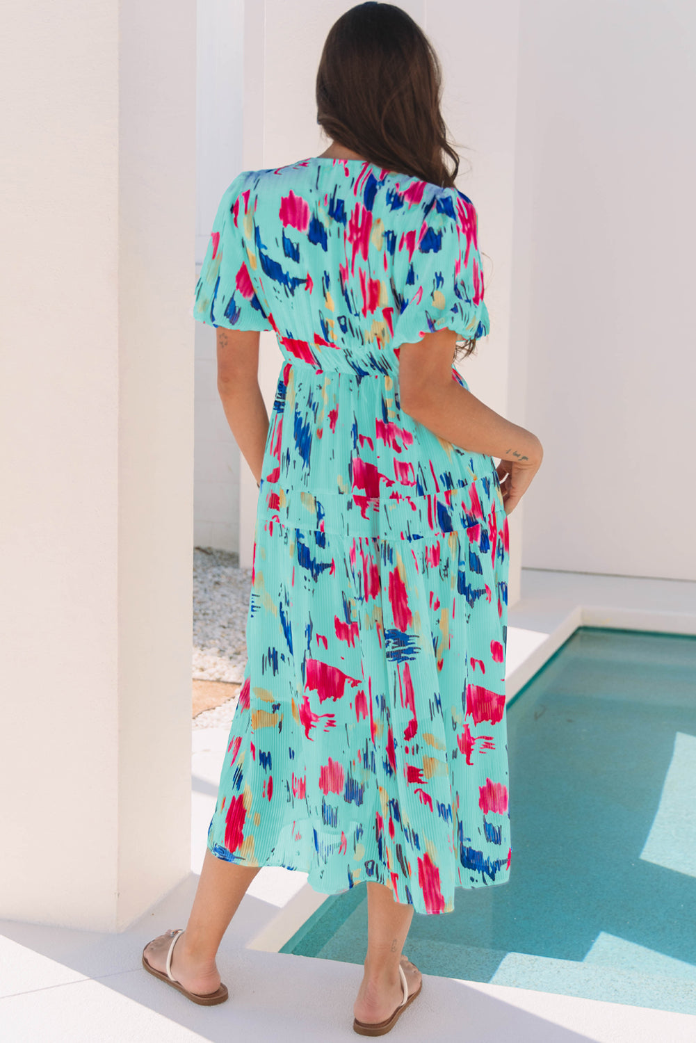 Abstract Print Puff Sleeve Tiered Maxi Dress – V-Neck High Waist