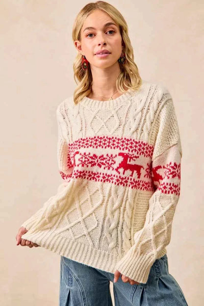 BiBi Christmas Theme Patterned Cable Knit Sweater