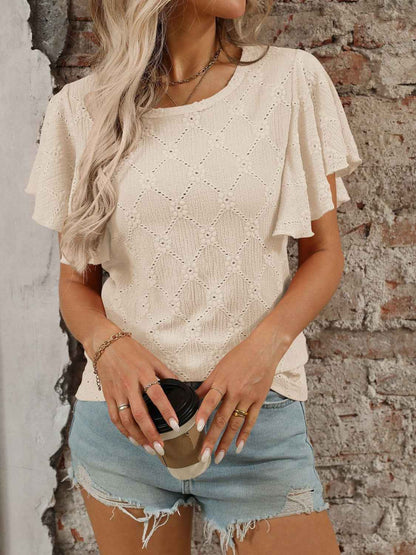 Eyelet Round Neck Flutter Sleeve Top