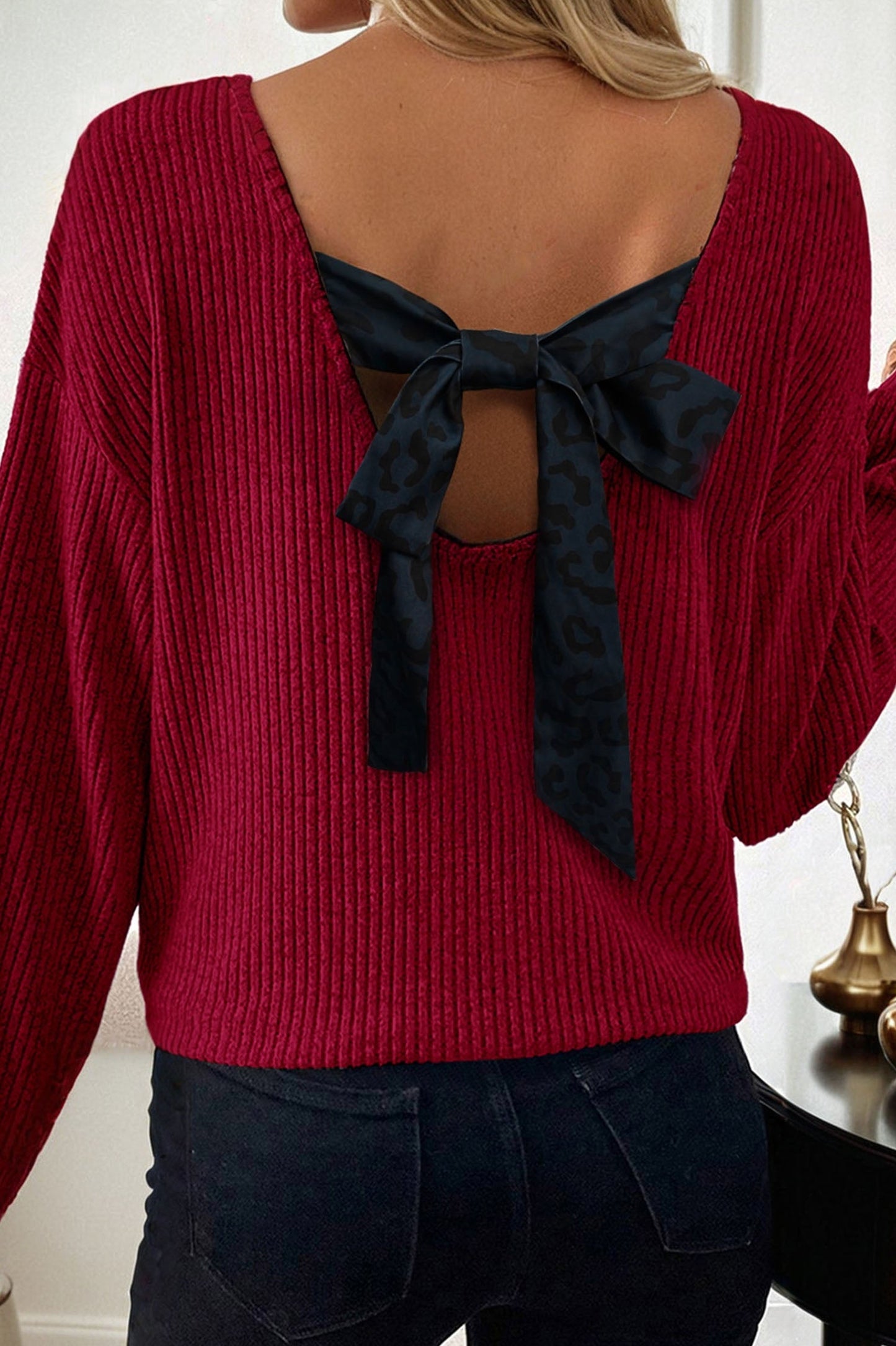 Bow Back Ribbed Knit V-Neck Drop Shoulder Top